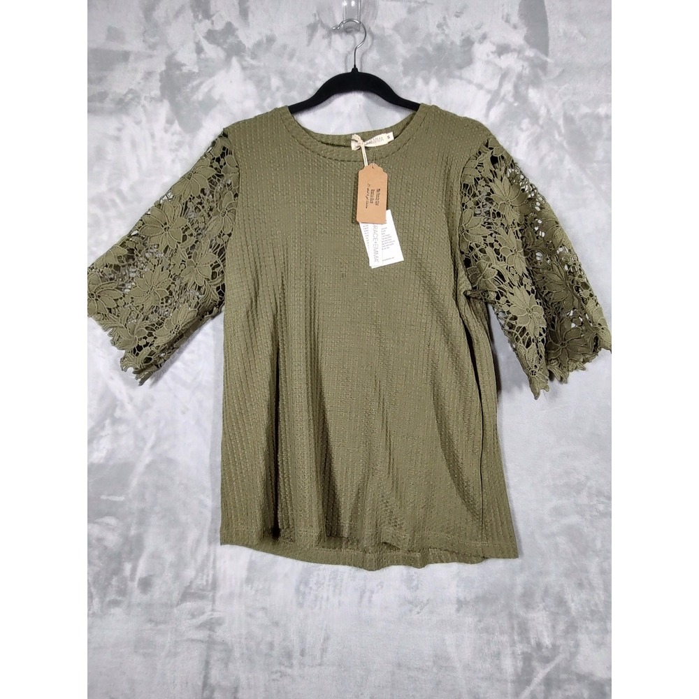 Grace+Emma Womens Olive Green Waffle Knit Top Floral Lace Crochet Sleeve Small